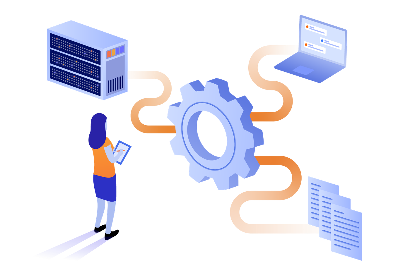 A person looking at a cog connected to computers