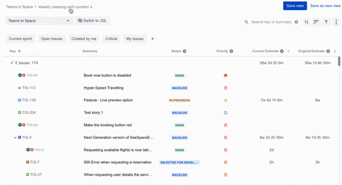 GIF showing how to introduce Saved View to your agile project management in Jira.