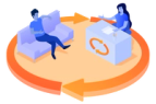 illustration of two people talking surrounded by directional arrows