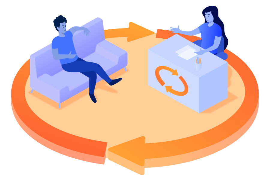 illustration of partner talking to customer surrounded by continuous arrows