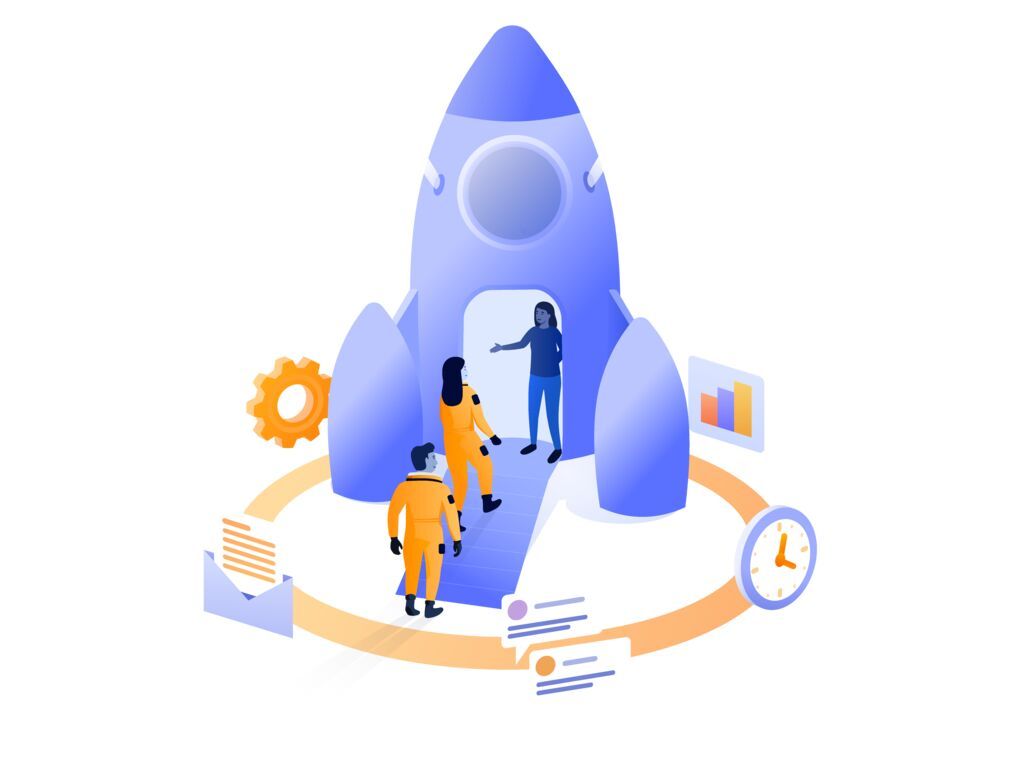 people boarding a rocket surrounded by tools