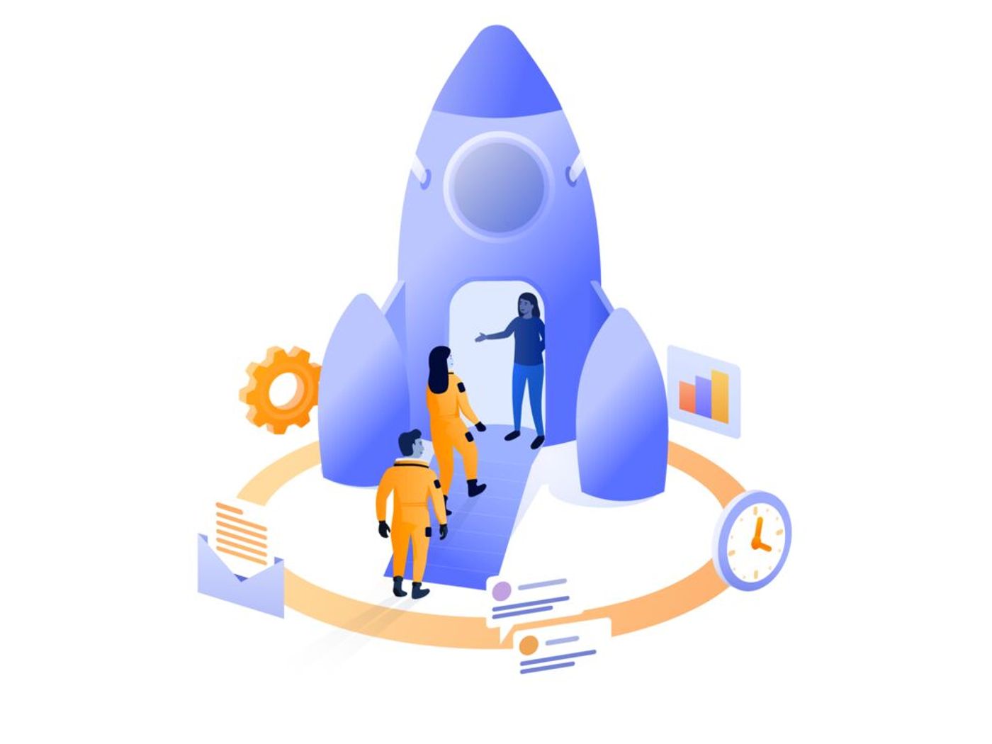 people boarding a rocket surrounded by tools