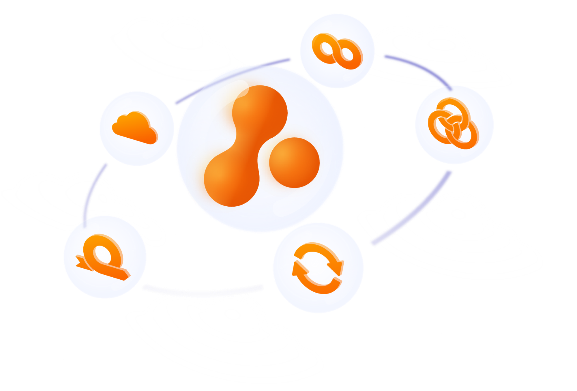 Illustration of icons representing agile, cloud, devops, service management and work management, around the Adaptavist logo, in a cloudscape 