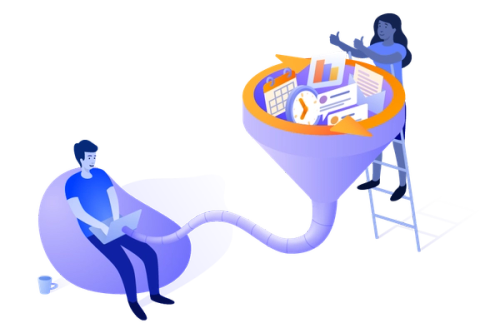 illustration of a person up a ladder funnelling information to another person sitting with their laptop