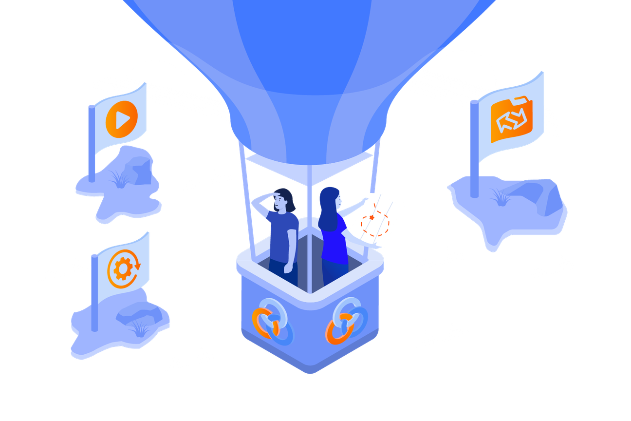 Two people in a hot air balloon with a map. Looking out onto three islands. Each with flags with icons in them that represent optimisation, migration and starting afresh.
