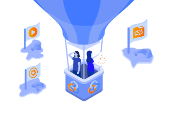 two people in a hot air ballon looking at three islands with flags in them symbolising the three options