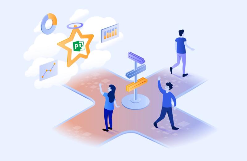 3 people going down different paths whilst waving goodbye to Microsoft Project Online logo