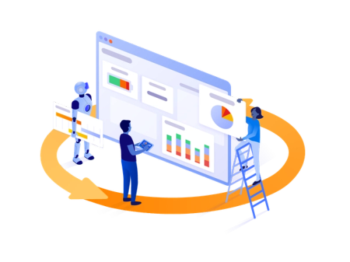 person standing in front of an illustration of a monday board with a robot figure on one side holding a piece of the board and a person up a ladder on the other side adding to the board, surrounded by two arrows joined in a circle