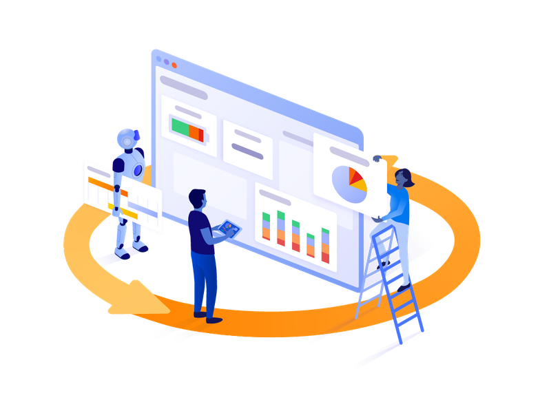 person standing in front of an illustration of a monday board with a robot figure on one side holding a piece of the board and a person up a ladder on the other side adding to the board, surrounded by two arrows joined in a circle