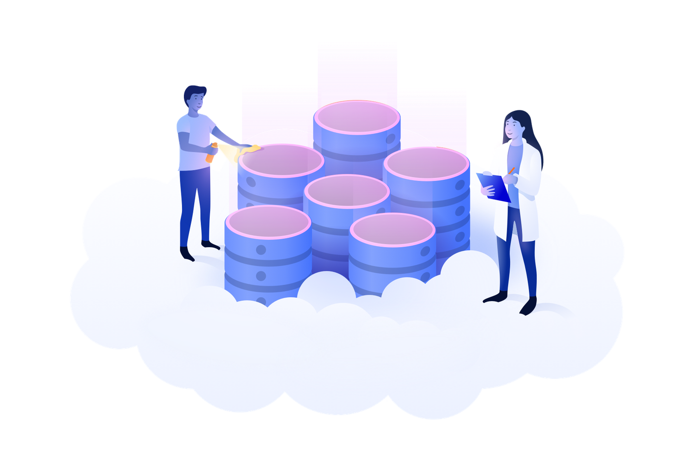 Two people inspecting a data centre on a cloud
