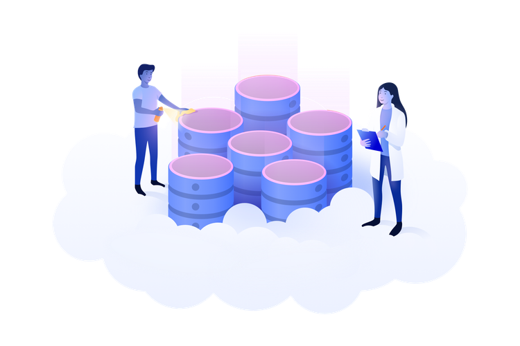 Two people inspecting a data centre on a cloud