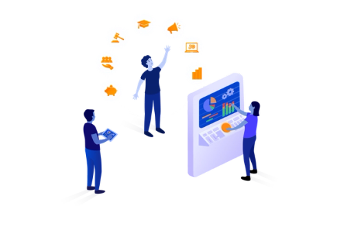 Un grupo de tres personas gestionan diferentes funcionalidades con una pantalla, una tablet y de manera manual