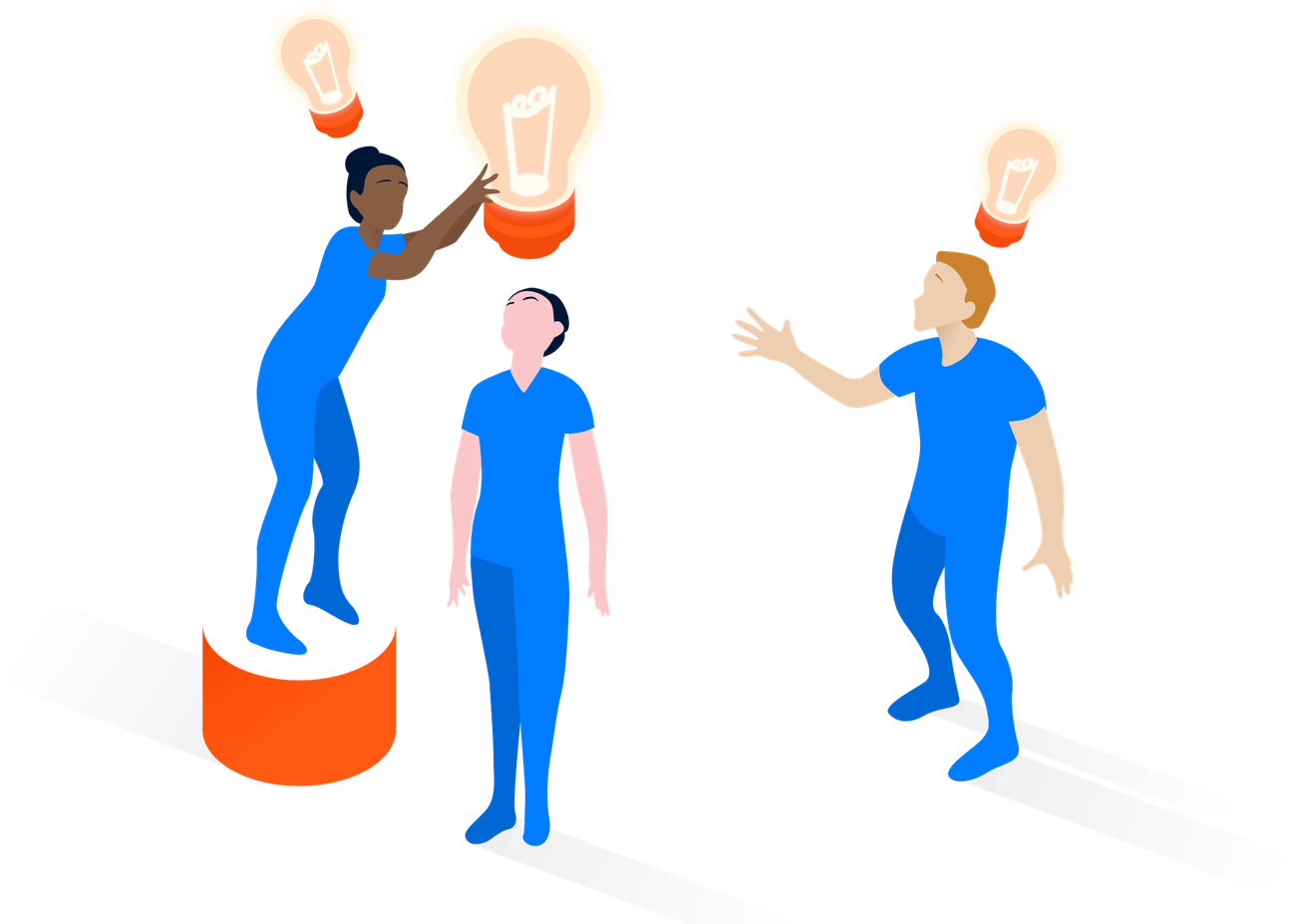 People with thinking lightbulbs above their heads