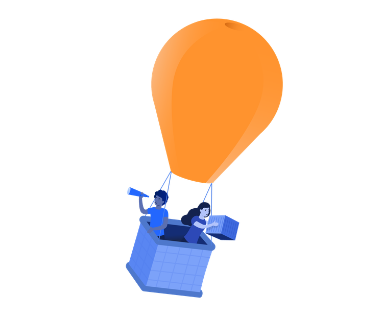 Two people in an orange hot air balloon. One is looking out with a telescope and the other is holding up a box.