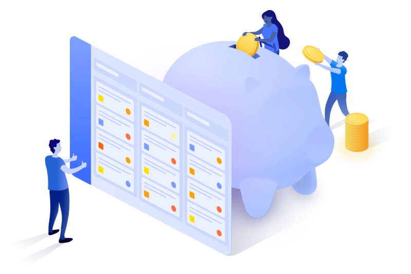Menschen, die hinter einem Kanban Board Geld in ein Sparschwein werfen