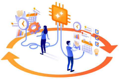 illustration of two people surrounded by circular arrows showing different apps and tools working together