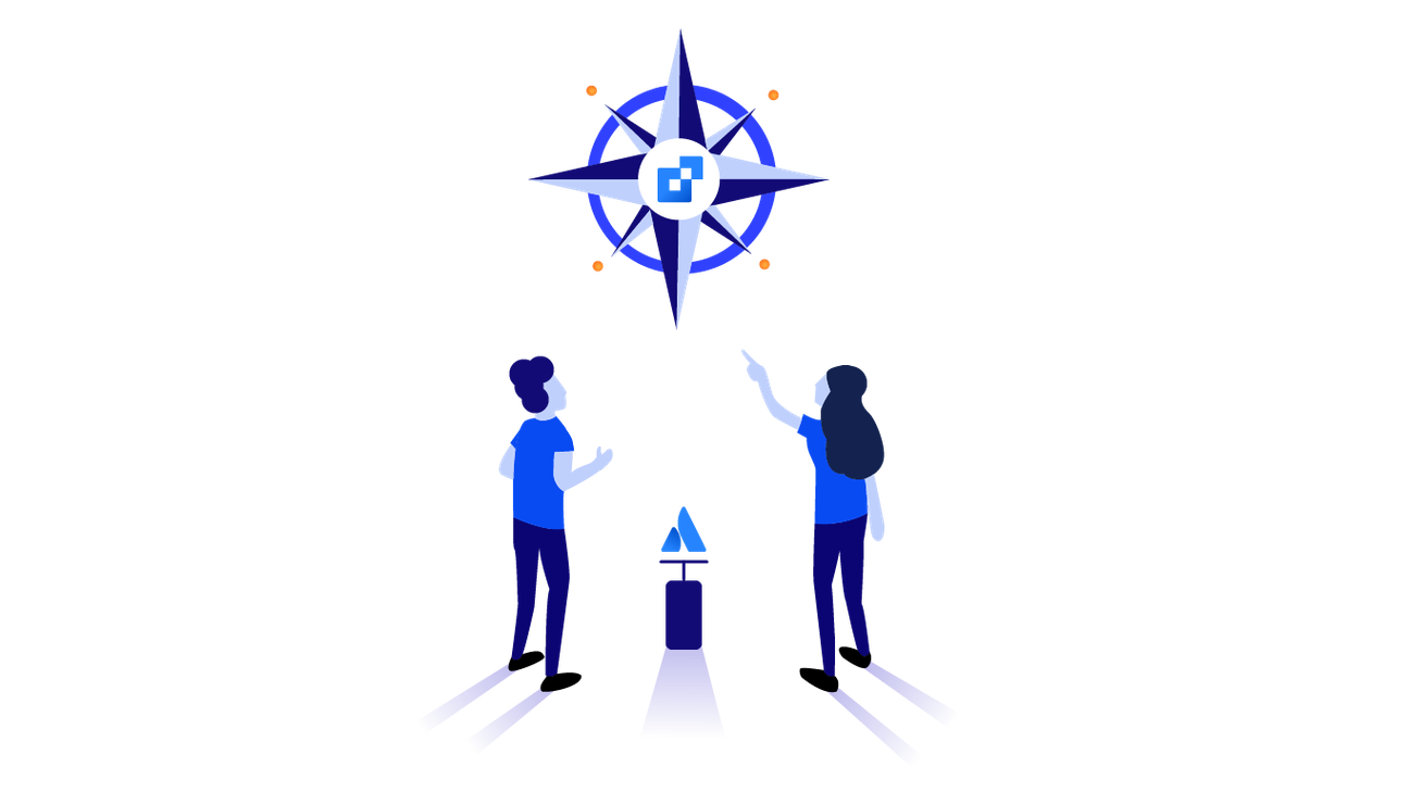 Two people looking at a compass