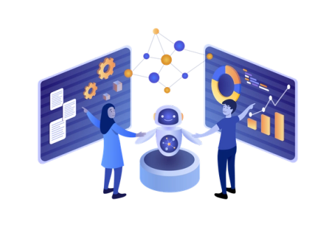 Illustration of a friendly robot standing between two people, connecting their work. On the left, a woman gestures toward a screen showing documents and gear icons, representing processes or configuration. On the right, a man points to a screen with charts and graphs, representing data and analytics. Above them, connected dots form a network, suggesting AI or system integration. The scene conveys collaboration between humans and AI to link tools, data, and workflows.