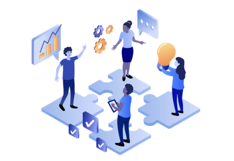 Illustration of a diverse team collaborating on interlocking puzzle pieces, sharing ideas with charts, gears, checkmarks, and a lightbulb to represent teamwork and problem-solving.