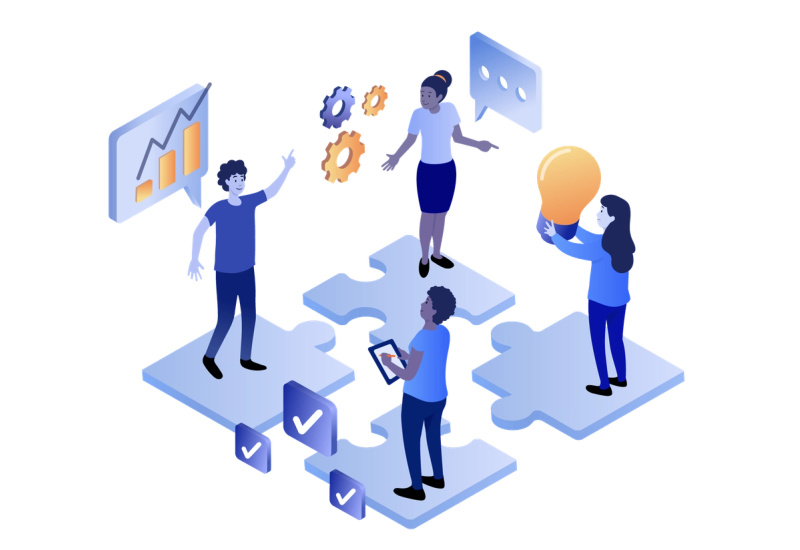 Illustration of a diverse team collaborating on interlocking puzzle pieces, sharing ideas with charts, gears, checkmarks, and a lightbulb to represent teamwork and problem-solving.