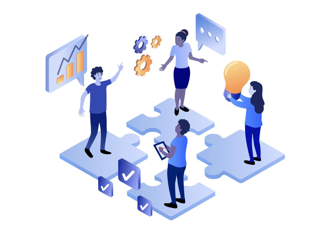 Quattro persone in piedi su singoli pezzi di puzzle collegati