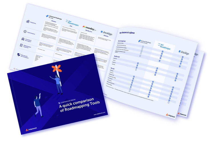 Vergleiche monday.com, Jira Align, Advanced Roadmaps und Aha! Abbildung: Roadmaps-E-Book