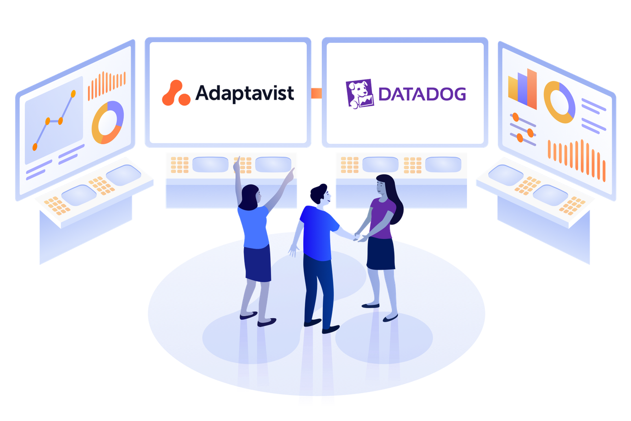 People looking at screens with Adaptavist and Datadog logo on