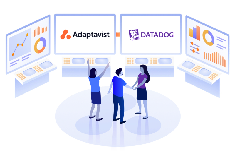 People looking at screens with Adaptavist and Datadog's logos