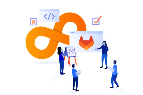 People working with a GitLab logo in the background