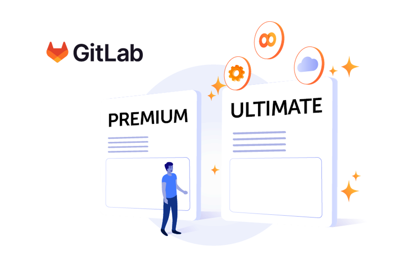 Man looking at GitLab Premium and GitLab Ultimate cards