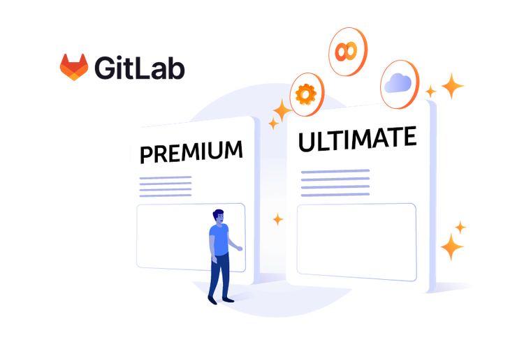 Man looking at GitLab Premium and GitLab Ultimate cards