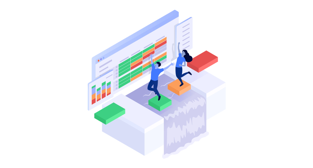 ilustracija dviju osoba u igri povezanoj s pločom monday.com