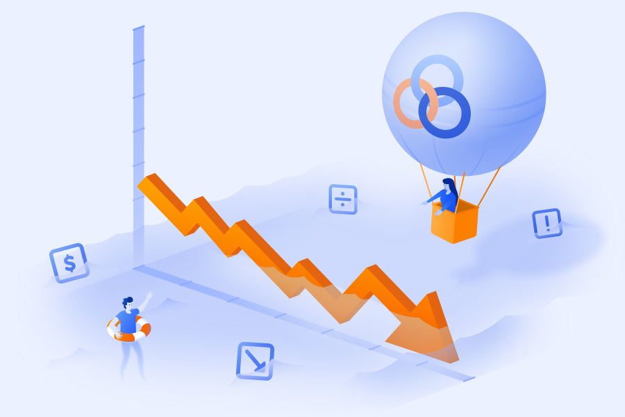 man in water floating with rubber ring. Arrow pointing won on graph in water. women in hot air balloon