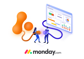 Illustración del logo de Adaptavist logo y de monday.com uniéndose con personas enchufando un cable