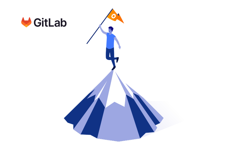 Man on top of a mountain with a orange flag