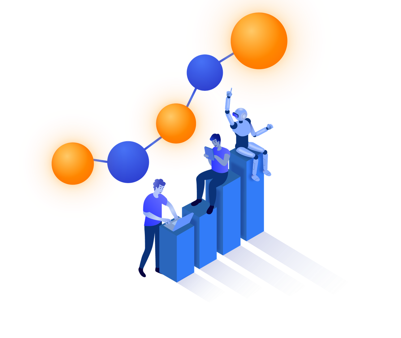 An AI robot reaching up to connect with a network