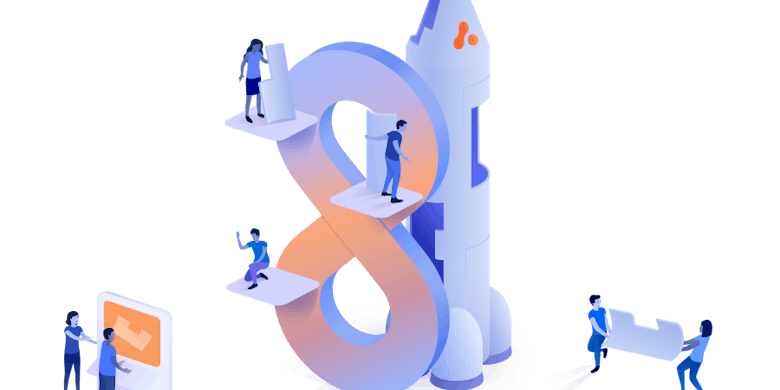 People building a rocket with a DevOps infinity symbol attached to it.