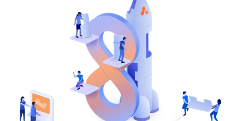 People building a rocket with a DevOps infinity symbol attached to it.