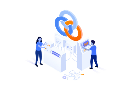 two people fixing an itsm machine with itsm logo hanging above