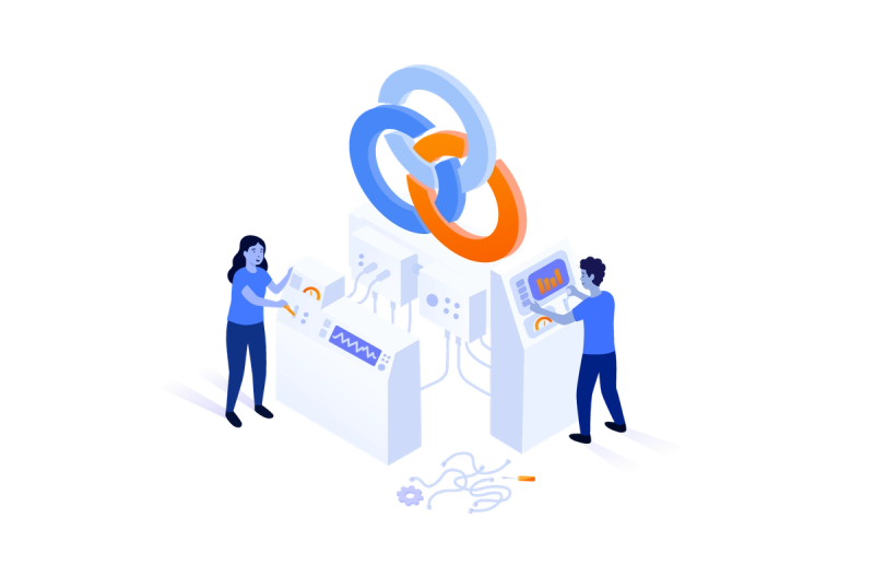 two people fixing an itsm machine with itsm logo hanging above