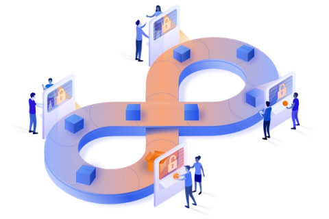 Six people inside an infinity loop representing DevOps