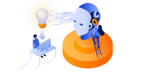 Stylised digital illustration of an idea being transferred into a human-like robot head. On the left, a glowing light bulb is connected by blue circuit lines to the robot’s head on the right, where gears are visible inside. Below, a person sits at a desk using a computer, with a large downward arrow pointing from the bulb to the desk. Another small figure climbs a ladder on the robot’s shoulder, suggesting collaboration with technology and creativity.