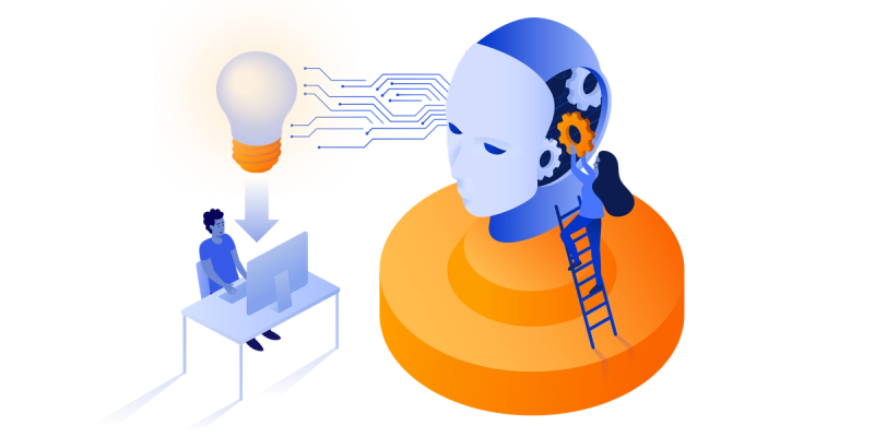 Stylised digital illustration of an idea being transferred into a human-like robot head. On the left, a glowing light bulb is connected by blue circuit lines to the robot’s head on the right, where gears are visible inside. Below, a person sits at a desk using a computer, with a large downward arrow pointing from the bulb to the desk. Another small figure climbs a ladder on the robot’s shoulder, suggesting collaboration with technology and creativity.