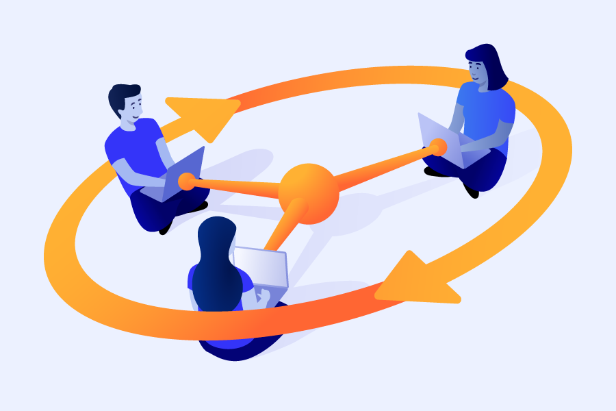 three people in a circle connected and working together