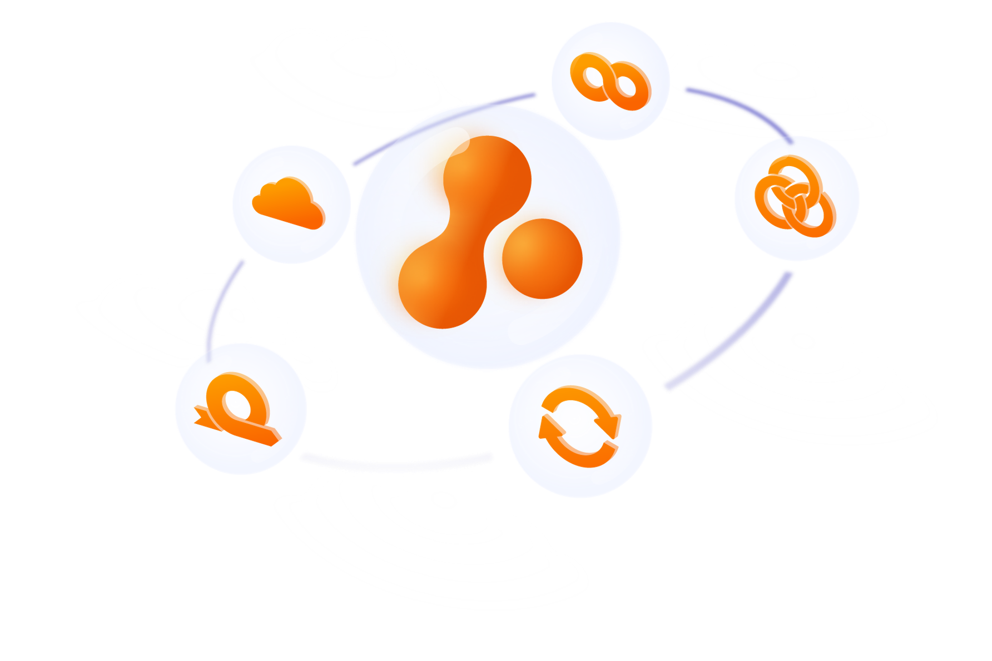 Illustration von Symbolen, die Agilität, Cloud, DevOps, Servicemanagement und Arbeitsmanagement darstellen, um das Adaptavist-Logo herum, in einer Wolkenlandschaft 