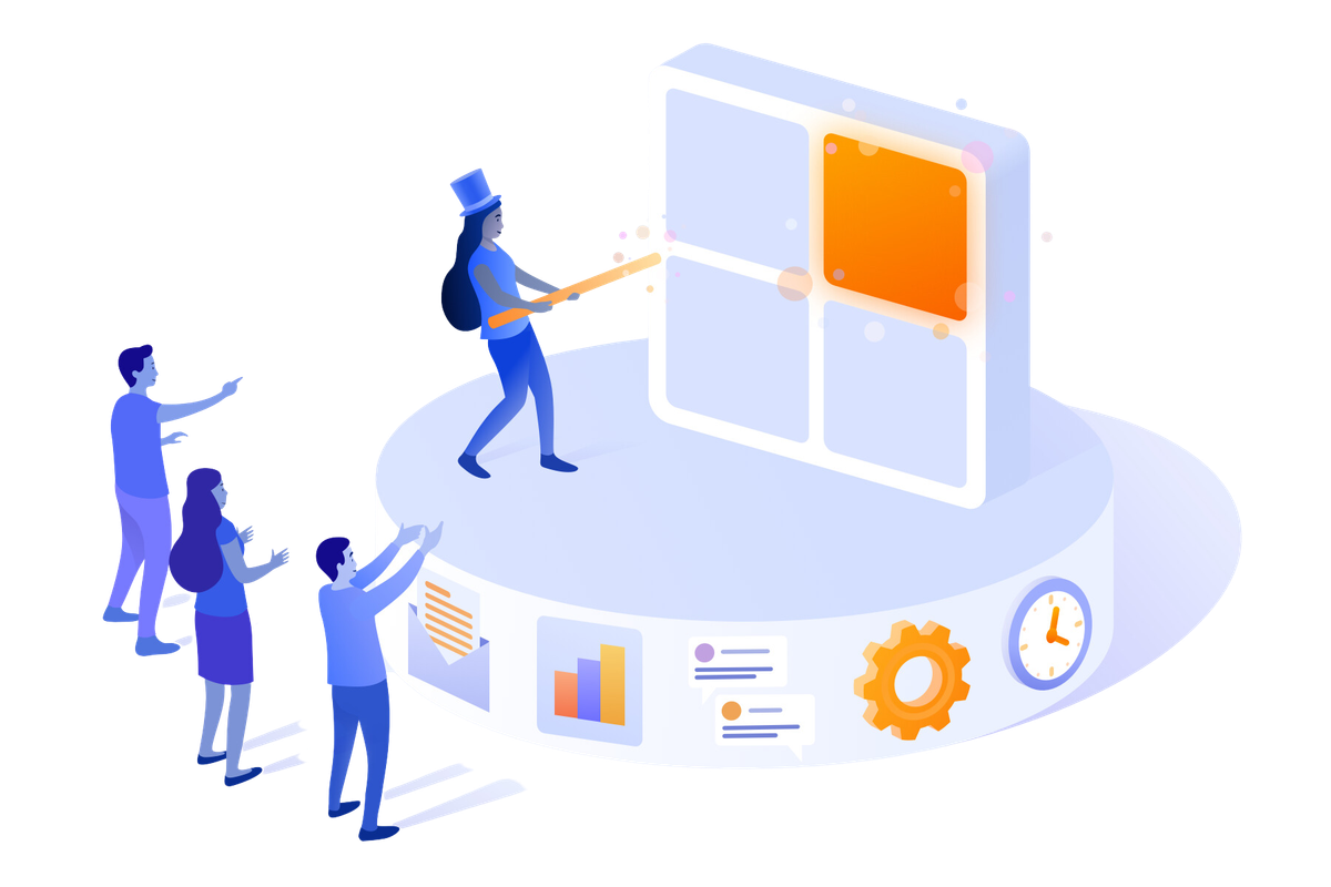 Una persona presentando un panel cuadrado a tres personas sobre un escenario con funcionalidades