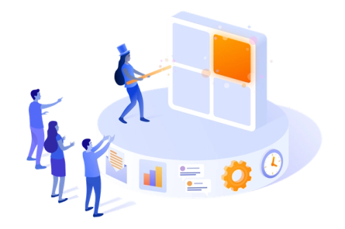 Una persona presentando un panel cuadrado a tres personas sobre un escenario con funcionalidades