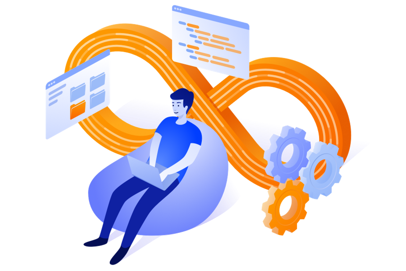 Person sat on a bean bag with a laptop and a DevOps logo in the background