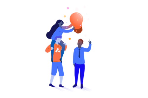 Three people with one person holding a lightbulb over one of their heads.