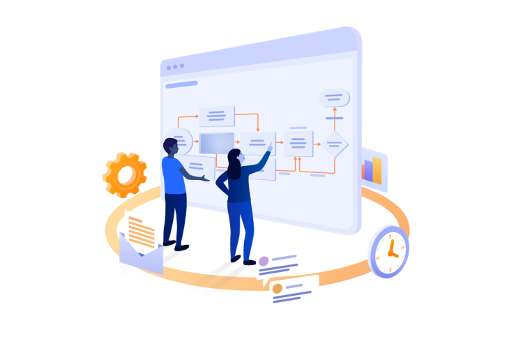 Personen, die den monday.com-Workflow auf einer Tafel ansehen